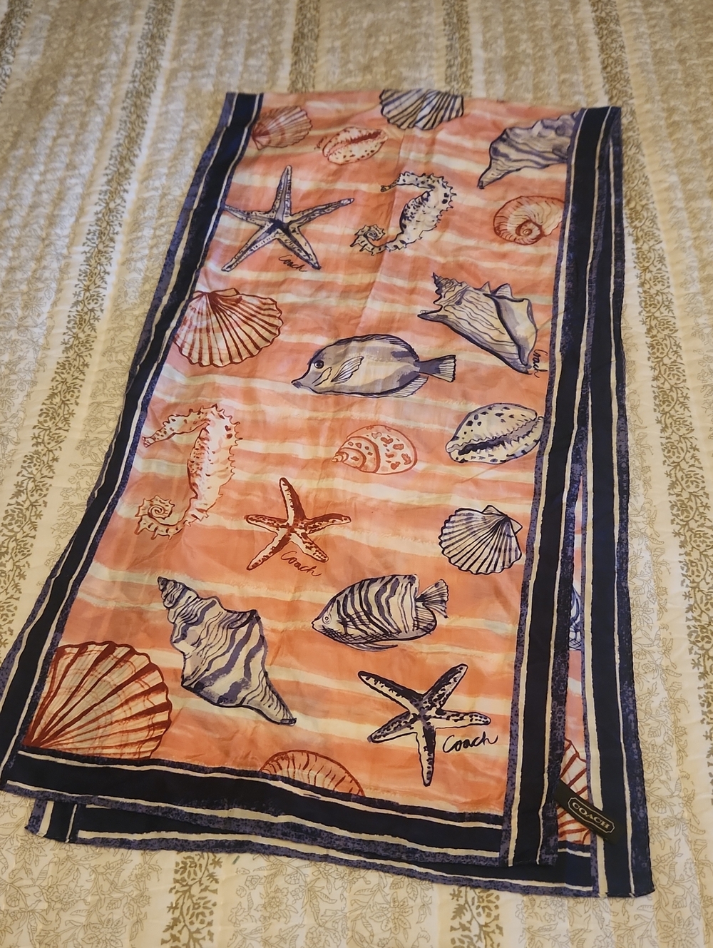 Coach Coral and Navy Seashell Print Curtain Scarf